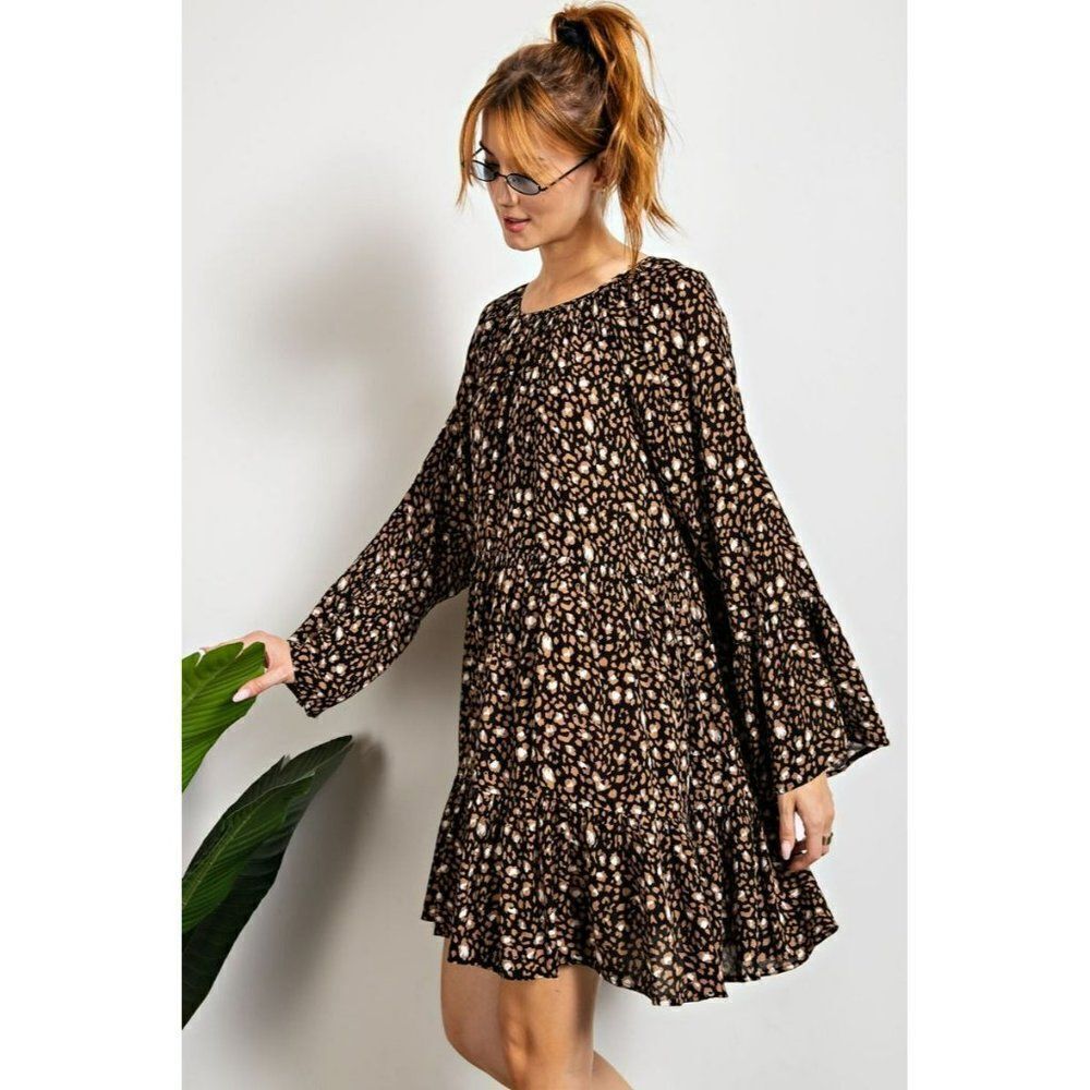 SALE! Easel Black Floral Printed Mock Neck Ruffle Smocked Mini Dress S-L ED18213 - Picture 6 of 6